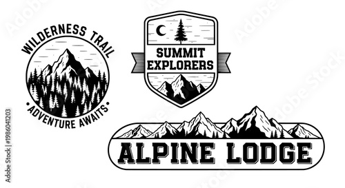 Mountain Adventure Logos with Wilderness Trail and Alpine Lodge