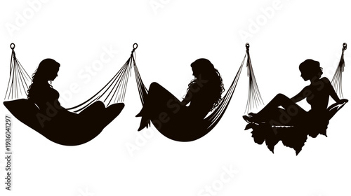 Black silhouettes of three women in hammocks against a white background. They appear relaxed and serene