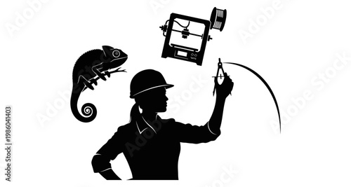 Female engineer with 3D printer and chameleon drawing blueprint silhouette