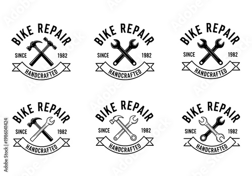 Collection of Vintage Bike Repair Service Logos and Badges