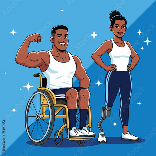 Strong Paralympic Athletes with Wheelchair and Prosthetic Leg Fitness Cartoon Vector Illustration