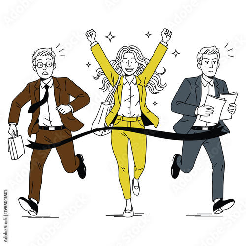 Successful Businesswoman Winning Office Race Competition Cartoon Vector Illustration