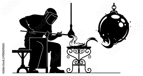 Glassblower shaping molten material with tool against illuminated background silhouette