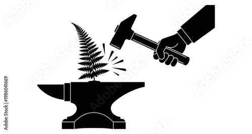 Blacksmith hand striking fern on anvil with sparks during creation silhouette