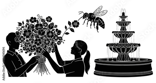 Florist arranging bouquet with bee near fountain silhouette