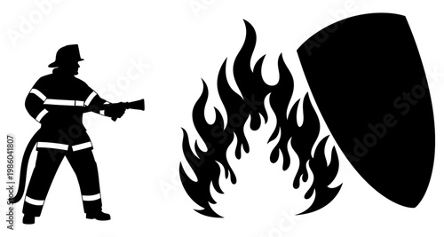 Firefighter silhouette spraying water against flames with protective shield during emergency response