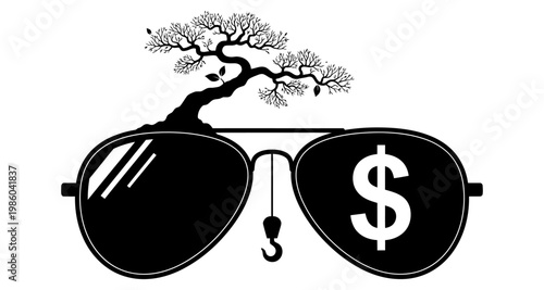 Bonsai tree growing from sunglasses with dollar sign reflected in a silhouette
