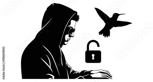 Hacker in hoodie typing at computer with unlocked padlock and hummingbird silhouette against white