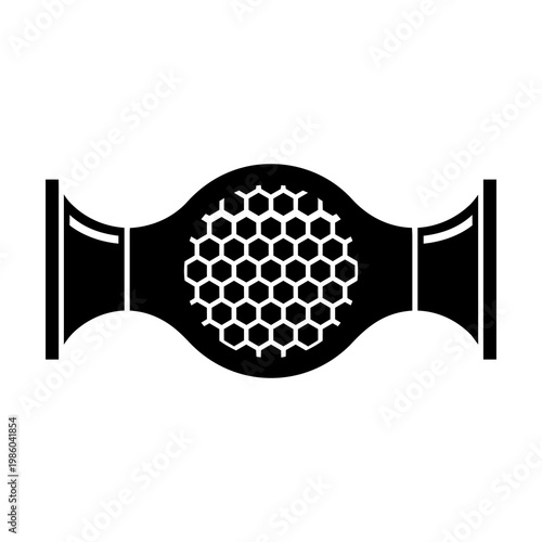 Black Silhouette Flanged Catalytic Converter with Honeycomb Cutaway Vector Icon 