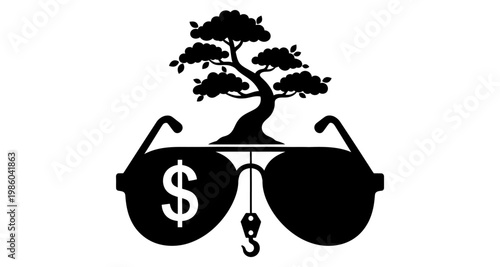 Bonsai tree reflection in eyeglasses with dollar sign and hook silhouette against white