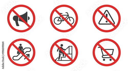 Collection of six prohibition signs indicating no megaphone, no bicycle, no entry, no escalator, no stairs, and no