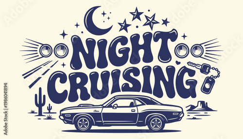 Classic muscle car night cruising vintage desert vector illustration
