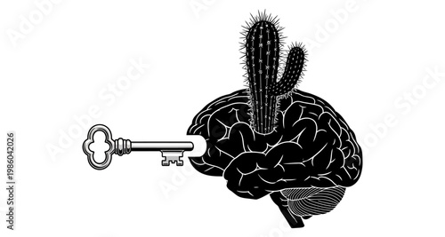Brain silhouette with cactus and key during concept development