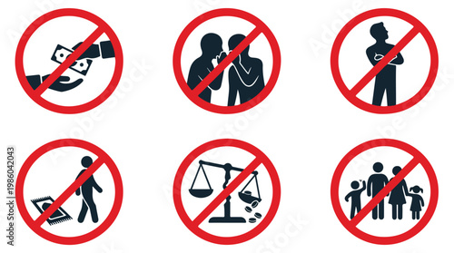 Collection of six prohibition signs depicting forbidden actions like bribery, gossip, arrogance, bullying, injustice