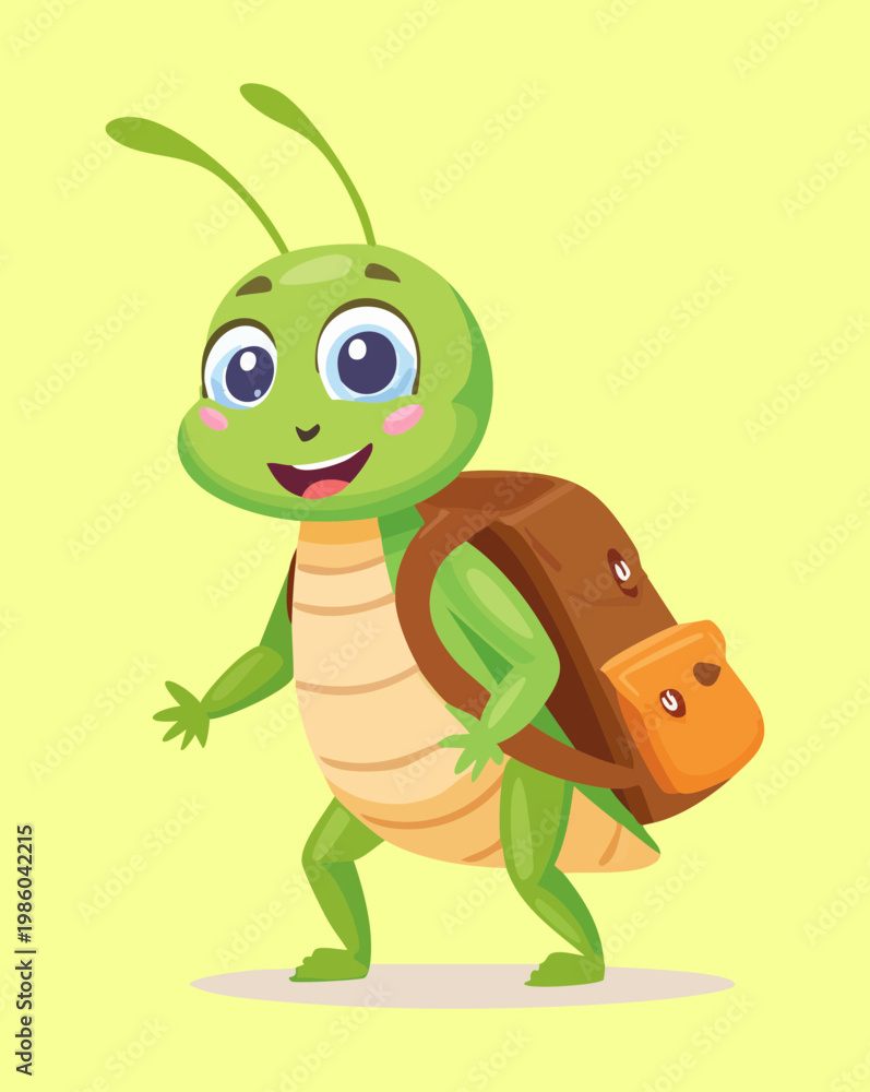 Obraz premium Smart grasshopper character wearing a backpack for back to school themes and children educational posters about insect travels and nature exploration for kids