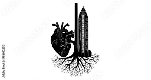 Human Heart Rooted with Skyscraper Silhouette Against White