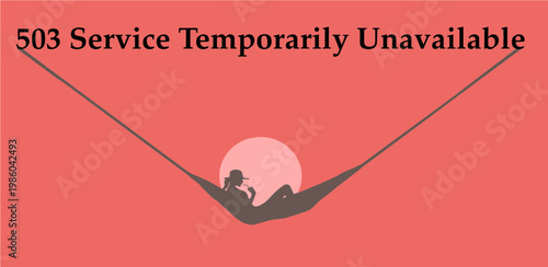 A woman relaxes in a hammock on vacation away from her office job and computer. The computer alert that she is unavailable is seen over her head.