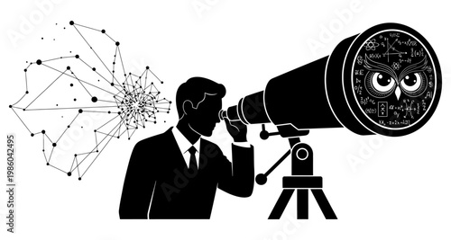 Businessman observing stars in telescope silhouette against digital network