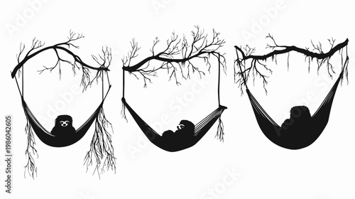 A black and white illustration of three hammocks hanging from tree branches. Each contains a silhouette