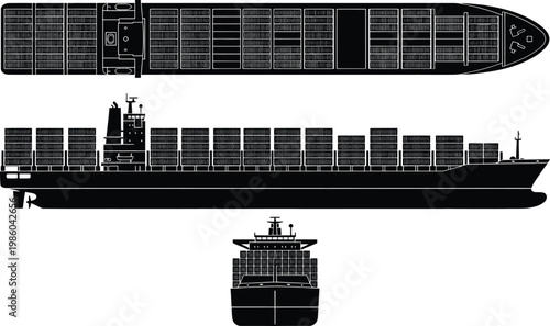 Container Cargo Ship Silhouette Top Side Front Views