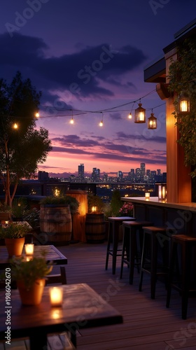 Wooden rooftop terrace with bar and cozy seating decorated in warm style