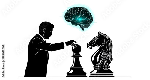 Businessman with chess piece and robotic knight during strategic thinking with glowing brain silhouette