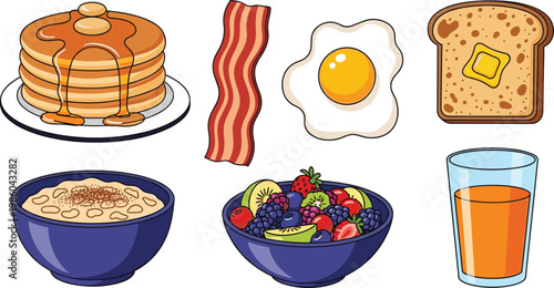 Breakfast and Morning Food Icon Set with Pancake, Bacon, Fried Egg, Toast, Oatmeal, Fruit Bowl, and Orange Juice Elements for Restaurant, Menu, and Food Designs