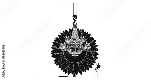 Chandelier installation against a sunflower silhouette with a worker ascending during daylight