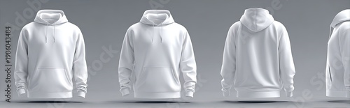 A series of white hoodies in different views, showcasing the design