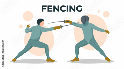 Dynamic illustration of two fencers in action with foils