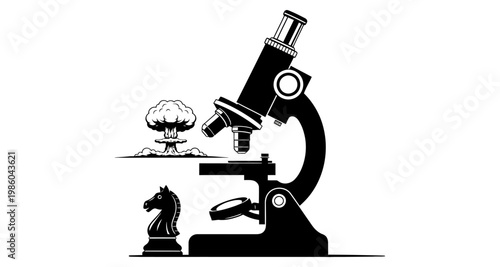 Microscope examining nuclear explosion with chess piece in silhouette style