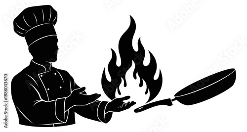 Chef silhouette with flaming pan during culinary demonstration against white background