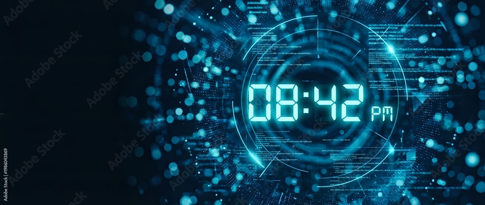 Obraz premium Digital clock display showing 08:42 PM surrounded by futuristic holographic interface with glowing blue circuits and data streams for technology concepts.