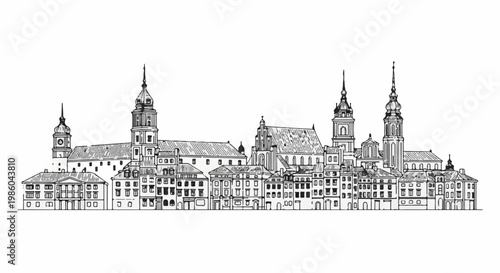 Detailed black and white sketch of an old European city skyline with steeples and buildings