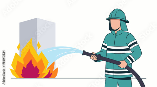 Firefighter in uniform spraying water on a building fire with a hose