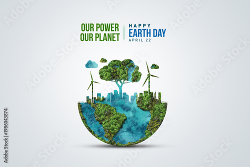 Our power, our planet. Earth day 2026 concept background. Ecology concept. Design with globe map drawing and leaves isolated on white background.