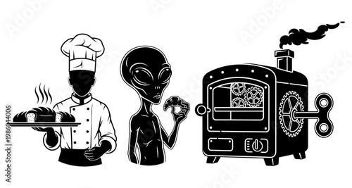 Chef with bread and alien with croissant by steampunk oven silhouette