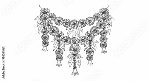 Intricate floral garland with dangling bells, sketched detail