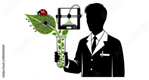 Scientist silhouette with biotech innovation in test tube against white background