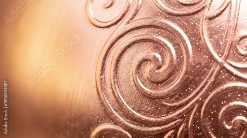 Elegant copper metallic surface with ornate swirl patterns and warm golden lighting effects for luxury design projects and decorative backgrounds.