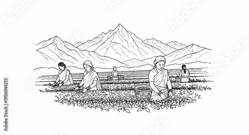 People harvesting plants in a field with mountains in the background, ink illustration