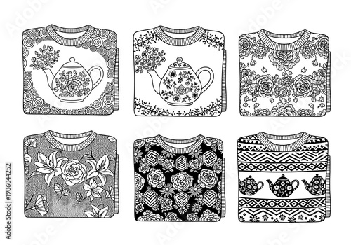 Intricate Black and White Sweater Designs with Floral and Teapot Motifs