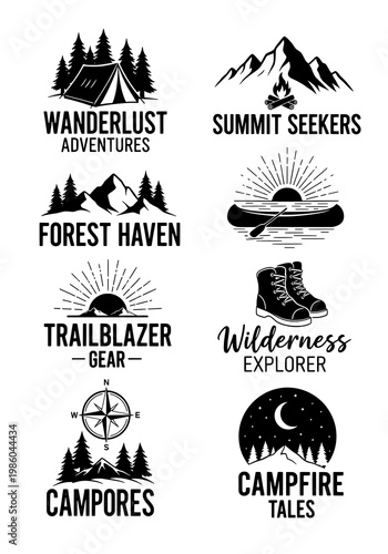 Collection of Eight Monochrome Outdoor Adventure and Nature Exploration Logos