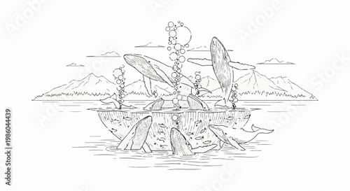 Whales breaching and surfacing in a whimsical underwater landscape