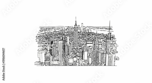 A detailed black and white sketch of a dense cityscape with tall skyscrapers reaching skyward