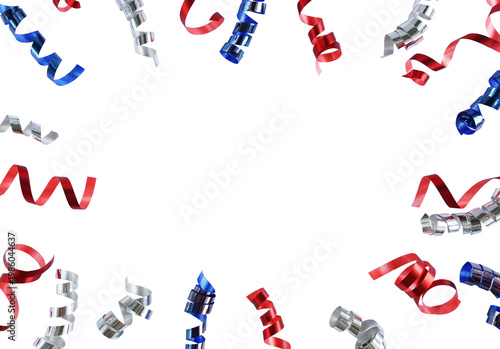 American flag colors confetti and streamers pattern border isolated png on transparent background. cutout object. 4th of July USA Independence Day decorations 