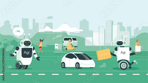 Two white robots labeled AGI interacting with people, a white car, and city buildings in a park area