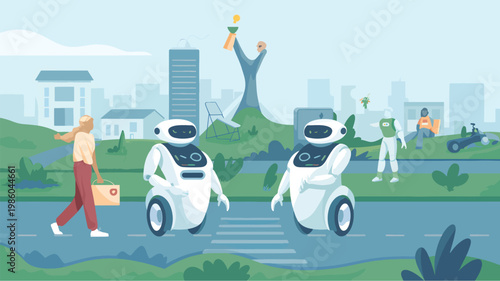 Two white wheeled robots are meeting on a city street with a woman walking and people in the background