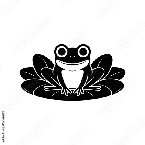 Foto Cheerful frog sitting on a lily pad illustration, featuring a minimalist black a