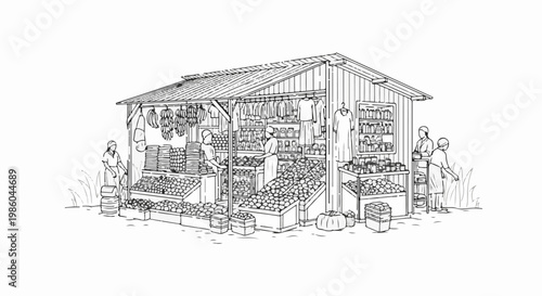 A lively market stall displays produce, clothing, and packaged goods with customers